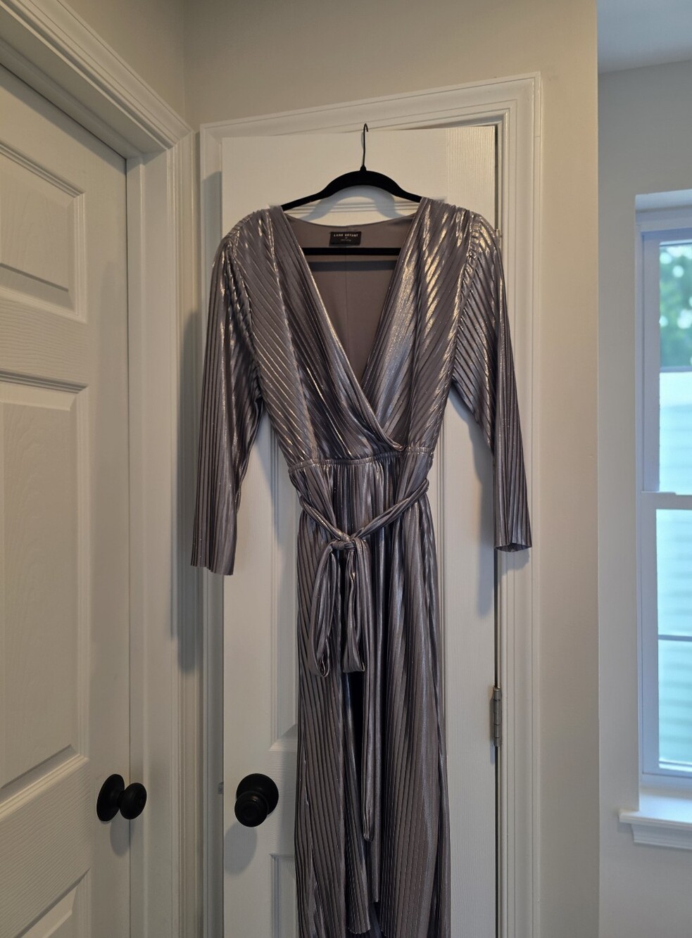 Shimmering Silver Metallic Faux Wrap Maxi Dress